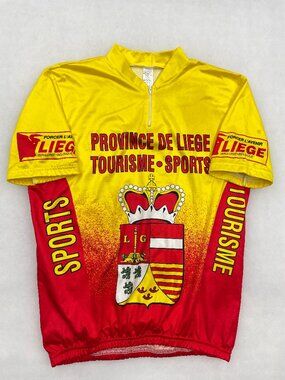 Vintage Liege Belgium 1980's Yellow Red Cycling Bike Racing Jersey Men's XL